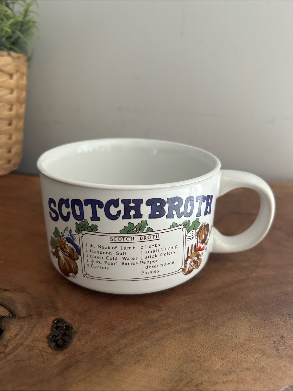 Vintage Ceramic Scotch Broth Soup Recipe Mug with Handle Blue lettering